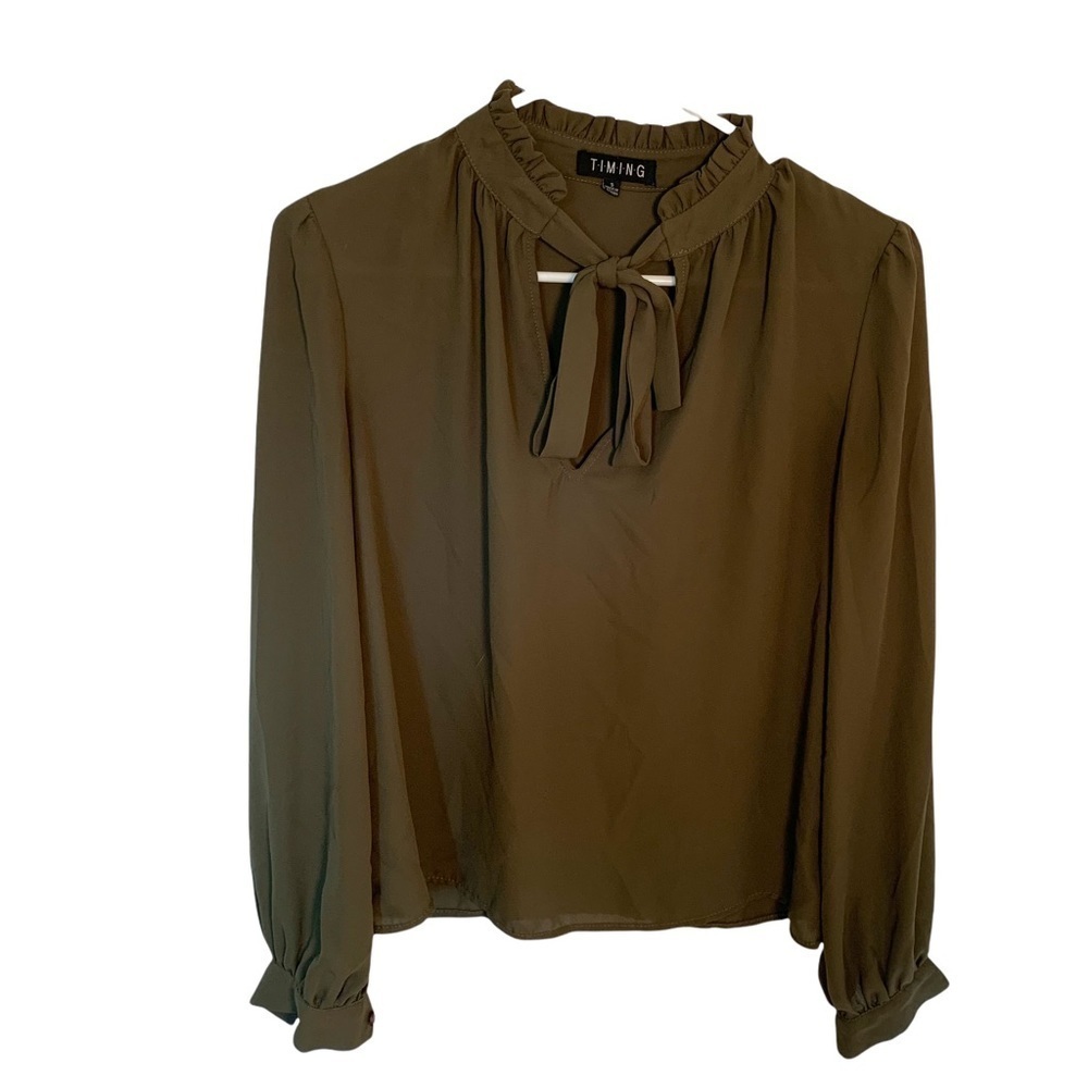Timing Womens Sz Small Blouse High Ruffle Neck Long Sleeve Tie Front Olive Green